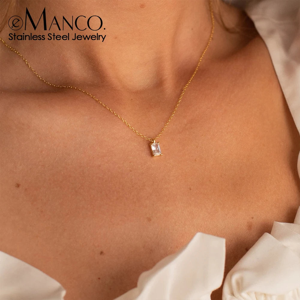 eManco Rectangular Zirconia Pendant Women's Fine Jewelry Stainless Steel Gold-Plated Short Necklace Wholesale
